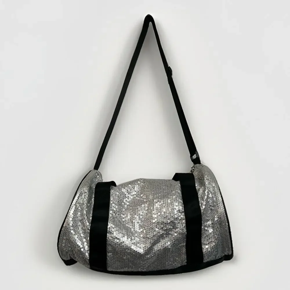 Danz N Motion Dance Duffle Bag Silver Sequin Black Pom Pom Charm 13.5 X 8